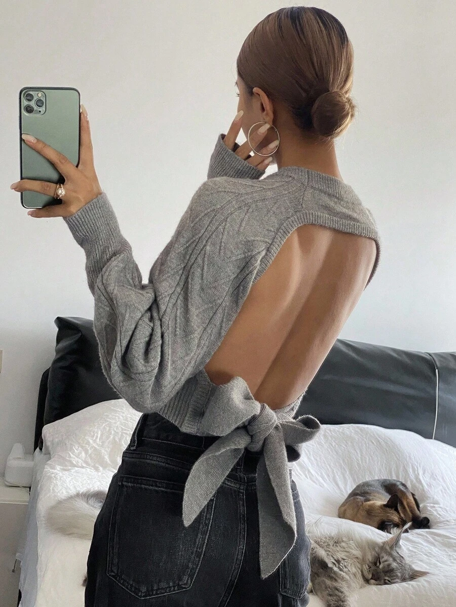 Livesso Autumn/Winter Loose Business Casual Floral Pattern Lace-Up Cinched Waist Hollow Out Sexy Fitted Cropped Knit Sweater For Women - Grey - View 1