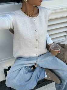 SHEIN PETITE CURVE Plus Size Women Casual Round Neck Single-Breasted Knitted Vest, Autumn/Winter - Apricot - View 6