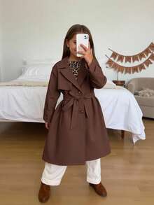 SHEIN Young Girl Woven Double-Breasted Lapel Loose Long Frenchy Windbreaker, Parka Jacket, Trench Coat,Casual Military Style, Suitable For Commuting And Outdoor Wear,Suitable For Commuting And Outdoor Wear,Spring/Summer/Autumn/Winter,Y2k Outfits For Girls Girls Metallic Jacket Girls Y2k Outfits Y2k Jacket Silver Jacket Kids Baddie Outfits Young Girl Outfits,For Halloween.Back To School Seasom.,Mommy & Sister & Me Matching. Fall - Brown - View 6