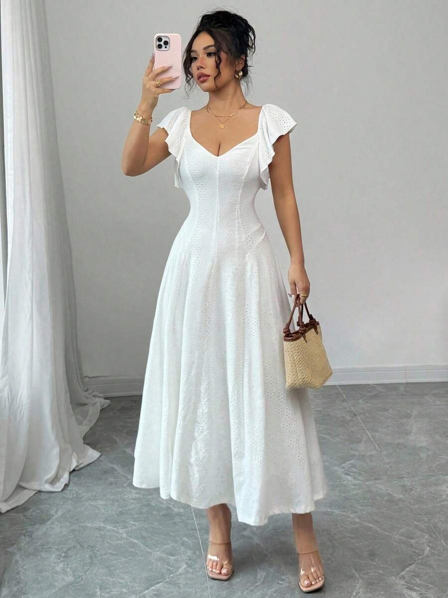 Selianne 女士心形领收腰 A 字形荷叶边袖提花编织优雅浪漫连衣裙 - 白色 - 查看 1