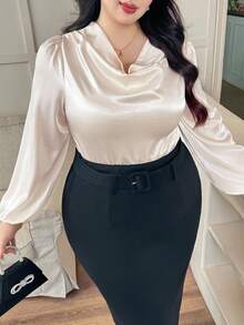 Modelyn 大码女式纯色缎面垂领长袖衬衫 - 杏色 - 查看 5