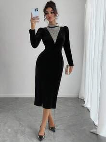 DAZY Long Sleeve Slit Dress, French High-End Luxury Rhinestone Embellished Fitted Gown Prom Dress - Black - View 6