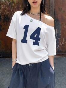 Jouncy Women Digital Print Round Neck Convertible Shoulder Short Sleeve T-Shirt, Summer Graphic Tees Women Tops