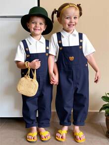 男童休闲舒适百搭可爱熊标志图案背带裤 - 藏蓝色 - 查看 9