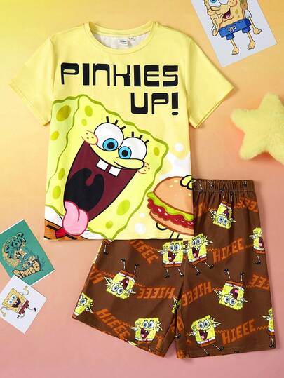 SpongeBob SquarePants | SHEIN 2pcs Tween Girl Cartoon Graphic Print Loose Fit Round Neck Short Sleeve Top And Shorts, Casual Summer Knit Flame Retardant Pajama Set