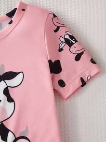 Young Girls 2pcs Tight Fit Pajama Set With Cute Cow Print On Short Sleeve Top And Shorts