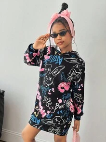 SHEIN 少女休闲宽松舒适字母图案卫衣，中长款，秋冬款 - 黑色 - 查看 4