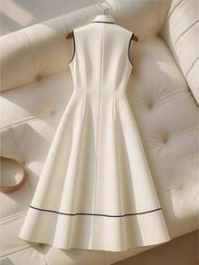 GlowEve CURVE Đầm đi làm thanh lịch cỡ lớn cho nữ, cổ khoét, màu tương phản đen trắng, không tay, ôm vừa vặn, cài nút đơn - Màu be - Xem 2