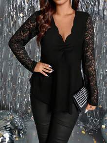 SHEIN PETITE Camiseta de manga larga casual y versátil con parches de encaje para mujeres de talla pequeña - Negro - Ver 4