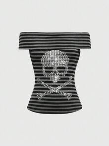 ROMWE J-Fashion Halloween Sexy Y2K Striped Studded Skeleton Women Top - Black - View 1