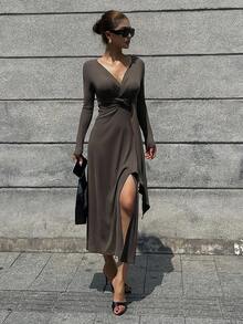 Livesso Vestido elegante de manga larga con cuello en V, cintura ajustada, nudo retorcido y bajo dividido, forrado térmico de unicolor, adecuado para eventos formales en otoño/invierno
