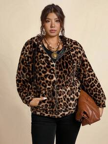 SHEIN LUNE 大码女式豹纹长袖拉链连帽抽绳外套秋冬外套女式冬季外出上衣女式外出拉链连帽衫冬季外套动物纹棕色秋季 - 彩色 - 查看 8