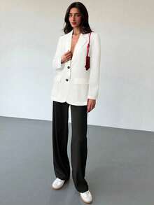 Aloruh Áo khoác Blazer nữ dáng rộng tay dài, họa tiết xám tối giản, thoải mái khi đi làm vào mùa thu/đông - trắng - Xem 5