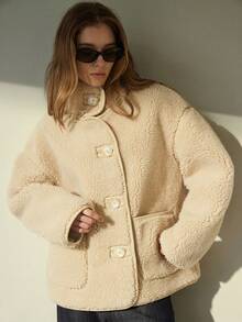 GENKIRA Autumn/Winter Sturdy Stand Collar Soft Fashionable Faux Fur Jacket - Beige - View 4