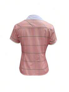 INAWLY Áo sơ mi kẻ sọc tay ngắn thường ngày dành cho nữ, mùa hè - Hồng - Xem 2