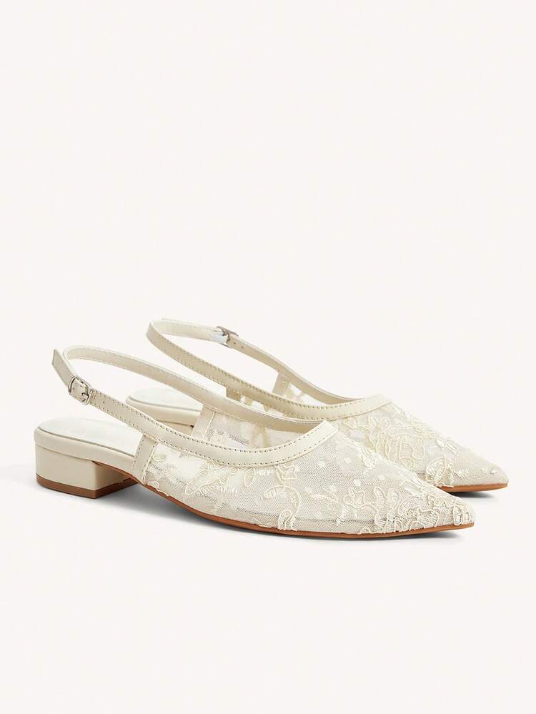 CUCCOO CHICEST Damesko med spids tå, slingback, beige mesh og blonder, lav blokhæl, elegante og alsidige, komfortable loafers uden ryg til jul, elegante sko, brudesko, sommersko, brudesko - Beige - Vis 2
