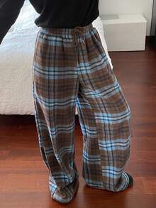 Livesso Women's Plaid Casual Wide Leg Drawstring Loose Pants, Autumn - Brown - View 4
