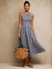 Travachic 女士度假梭织格子中长连衣裙 - 藍白色 - 查看 3