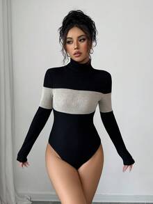 Elenzga 女式高领拼接长袖紧身衣，修身，撞色，秋冬 - 黑色 - 查看 3