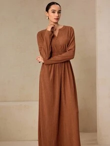 Graceveil 秋季棕色针织纹理面料腰带设计褶饰优雅长款毕业礼服 - 棕色 - 查看 5