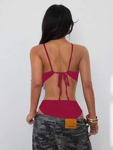 SHEIN PETITE 女士性感露背挂脖连体泳衣，适合海滩度假 - 酒紅色 - 查看 2