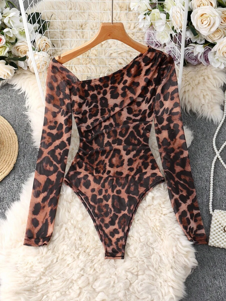 Franclia Women's Fashion Leopard Print Mesh Sheer Shoulder Long Sleeve Bodysuit - Multicolor - View 1