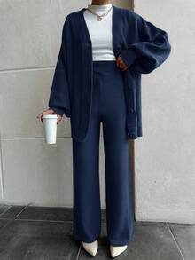 EURMUSE Women Drop Shoulder Button Front Cardigan And Sweater Pant 2 Pieces Outfit Set Co-Ords - Navy Blue - View 3