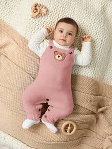 Cozy Pixies Bộ áo liền quần dài tay cổ tròn họa tiết gấu hoạt hình cho bé trai/bé gái sơ sinh, đa năng và thoải mái, bộ đồ liền thân dệt kim hình gấu cho bé. - Hồng - Xem 3