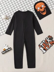 SHEIN Playful Pals 小男孩万圣节夜光印花连体裤 - 橘色 - 查看 2