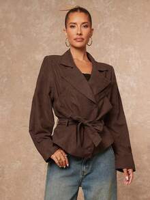 Lumalex 秋冬派对晚宴宴会低调奢华复古闪耀假日派对狂欢节郊游度假户外丰富层次婚礼季宴会成人礼压花腰果花图案腰带宽松女士风衣奢华舞会证件照宰牲节派对新年 - 巧克力棕 - 查看 9