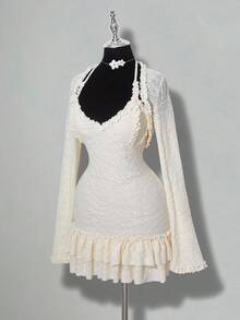 SHEIN ICON 针织提花层叠荷叶边吊带裙与长袖披肩套装 - 杏色 - 查看 7