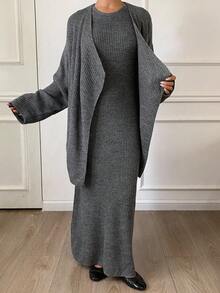 Livesso Women's Loose Jacket And Fitted Dress 2 Pieces Set, Autumn - Grey - View 2