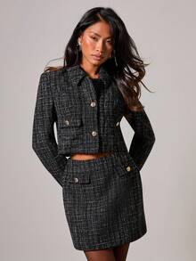 COSMINA Women's Elegant Plaid Long Sleeve Single-Breasted Jacket And Midi Skirt Suit Set, Autumn Tweed Two Pieces Set, Women Two Pieces Outfits - Black and White - View 1