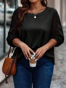 Calvaya Plus Size Women Solid Color Keyhole Neck Long Sleeve Casual Loose T-Shirt Fall Cloth For Women - Black - View 4