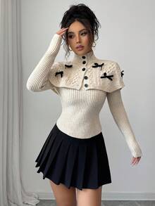 Elenzga 优雅高领蝴蝶结斗篷二合一毛衣，秋冬 - 杏色 - 查看 4