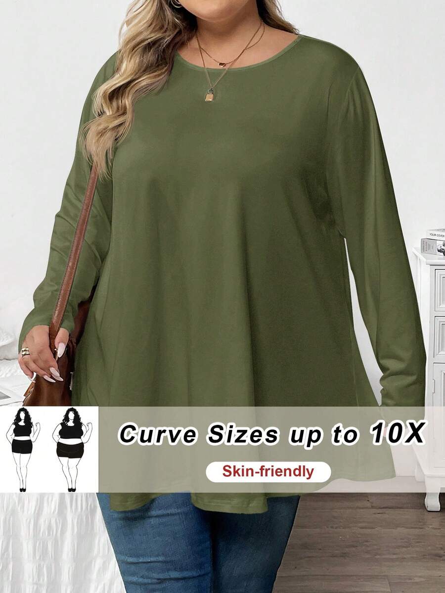 SHEIN CURVE+ 大码女式休闲纯色宽松圆领长袖T恤 - 軍綠色 - 查看 1