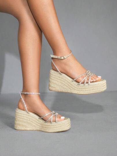 CUCCOO SZL Sandalias de cuña con suela gruesa, cuerda de yute y rhinestones para mujer