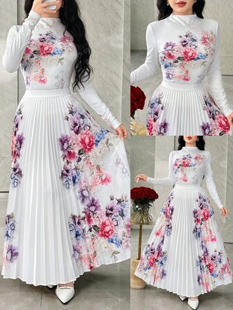 Feyla Women's Elegant Floral Print Long Sleeve Top And Pleated Skirt 2 Pieces Set