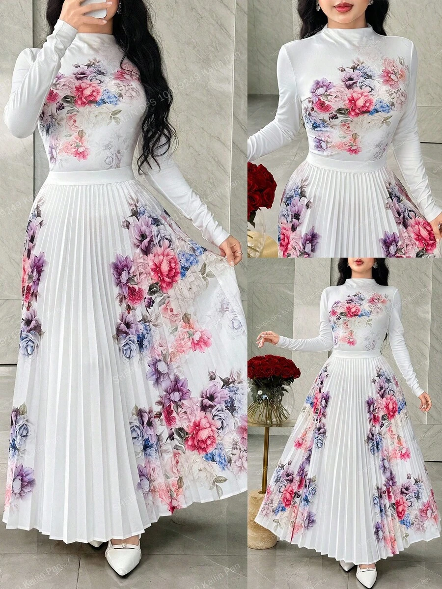 Feyla 女式优雅花卉印花长袖上衣和百褶裙两件套 - 白色 - 查看 1