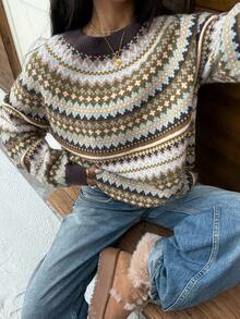 Muchica 女士休闲费尔岛毛衣，插肩袖圆领针织套头衫，舒适保暖秋季上衣，秋冬女式毛衣，圣诞节女装，新年装 - 彩色 - 查看 1