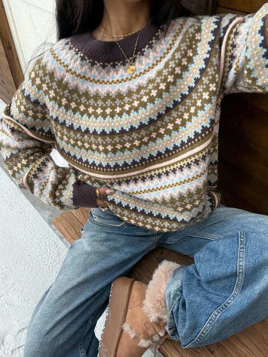 Muchica 女士休闲费尔岛毛衣，插肩袖圆领针织套头衫，舒适保暖秋季上衣，秋冬女式毛衣，圣诞节女装，新年装 - 彩色 - 查看 1