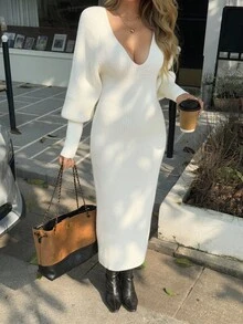 Livesso 女式 V 领长袖收腰长款针织毛衣裙，秋季 - 白色 - 查看 5