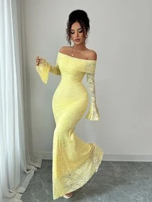 Rafferiza Petite 优雅时尚年轻简约百搭修身露肩喇叭袖美人鱼中长连衣裙，适合娇小女性，秋季 - 黃色 - 查看 3