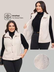 Comfylo 大码女式纯色单排扣休闲羊毛背心夹克，秋冬 - 杏色 - 查看 11