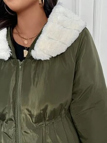 SHEIN CURVE+ 仿皮草连帽派克大衣，舒适修身，大码大码夹克，大码冬装，大码夹克，大码连帽夹克，大码派克大衣，秋季/秋冬 - 綠色 - 查看 8