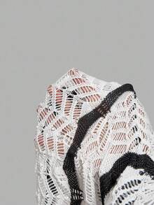 Skyraze Women's Fitted V-Neck Wavy Striped Hollow Out Sweater Dress,Elegant Gentle Simple Black And White Contrast Striped Suspenders Slim Long Knitted Dress Sleeveless Casual Beach Hollow Out Bodycon Midi Crochet Swimwear Coverups Sundresses, Spring Summer Fall,Vacation Style Music Festival Fashionable And Elegant Boho  Long Dress - White - View 5