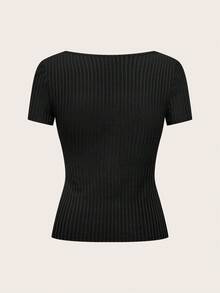 SHEIN EZwear 3 件套圆领短袖短款休闲修身女式 T 恤，百搭百搭，不同面料 - 黑色 - 查看 6
