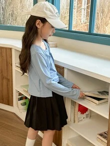 SHEIN 2pcs/Set Tween Girl Ribbed Cardigan And Tank Top Set,  Two Piece Autumn Outfit Fall Winter - Blue - View 6
