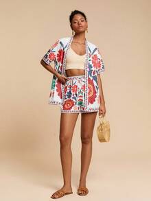 Travachic 2 件套女士度假宽松梭织短袖衬衫和高腰宽松短裤 - 白色 - 查看 3