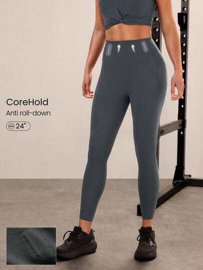 GLOWMODE 24'' CoreHold FeatherFit™-Sculpt CoreHold No Slip Fit Boning Tummy Control No Front Seam Leggings With Side Pockets Medium Impact Workout Jogging Gym Training  Spring Summer